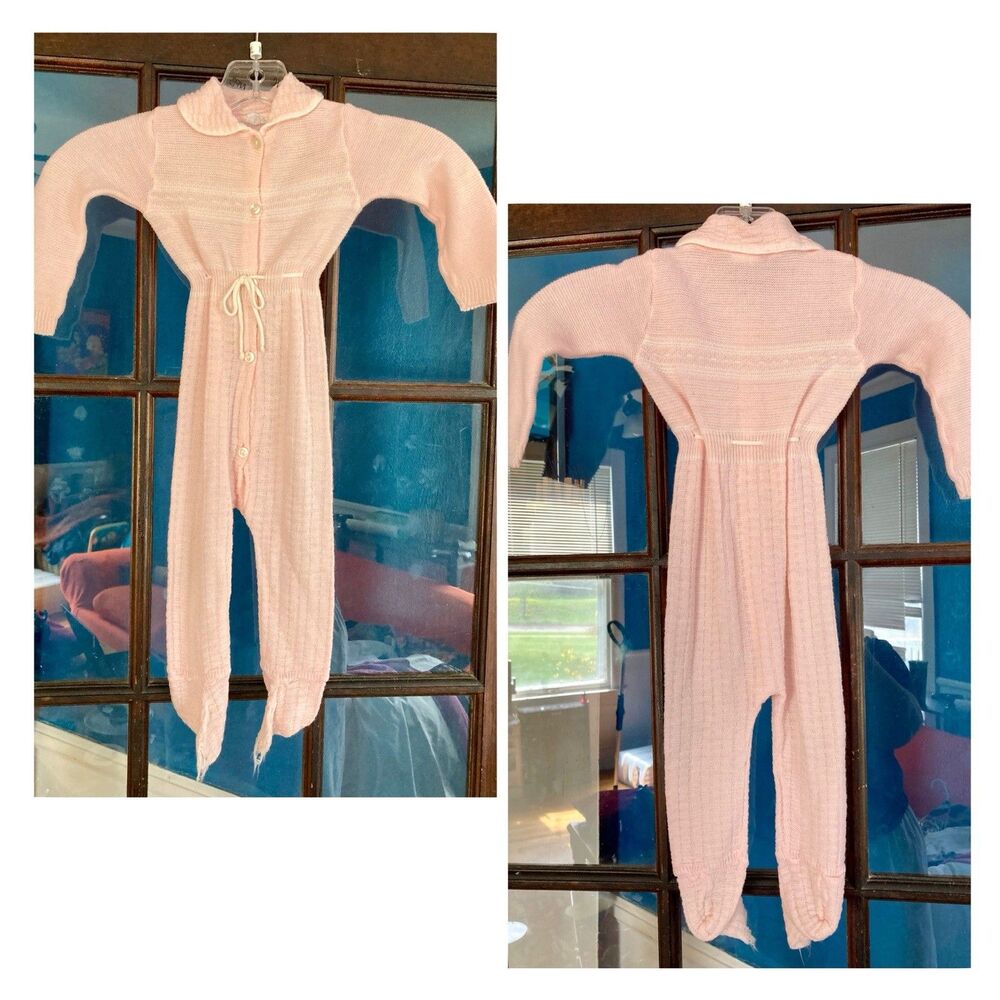 Ca 1960s 1970s Baby Pink Baby’s Knit One-piece Outfit Peter Pan Collar Crochet